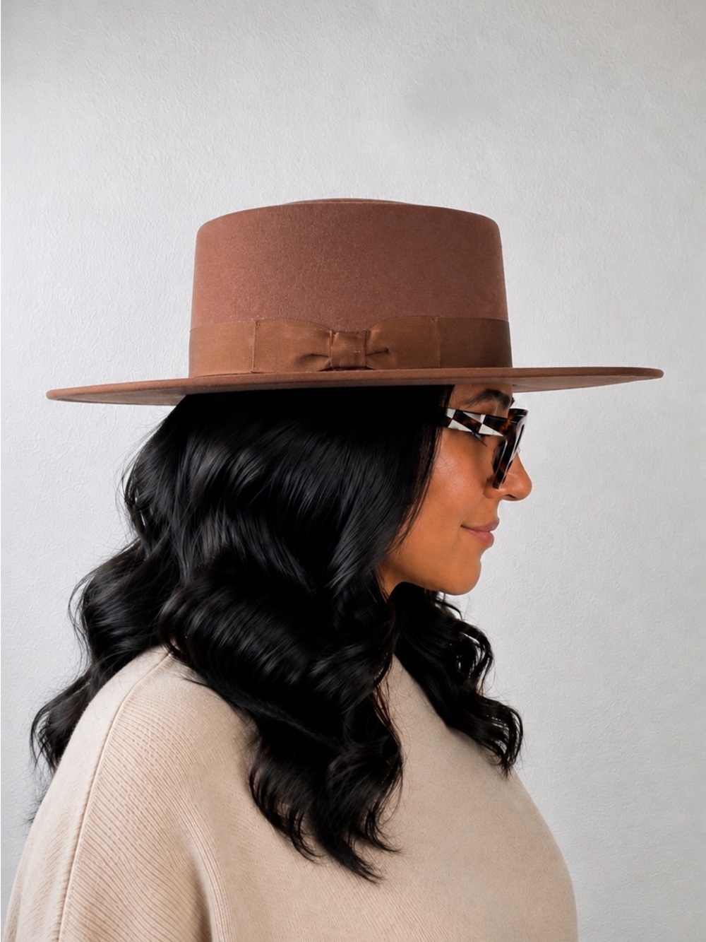 Olive & Pique Chocolate Brown Bow Adjustable Wide Brim Wool Hat
